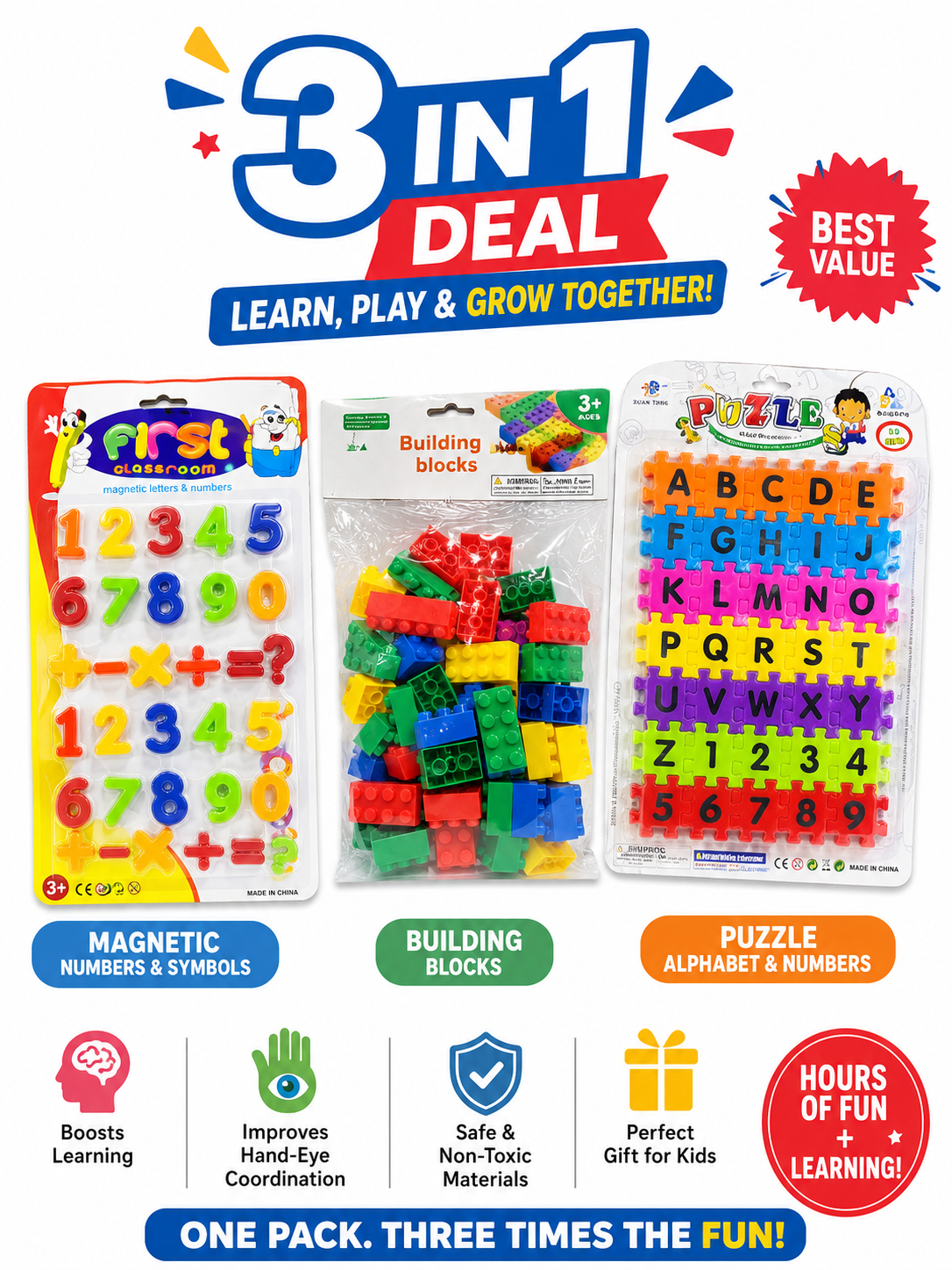 3 in 1 Kids Learning Combo – Learn, Build & Play!