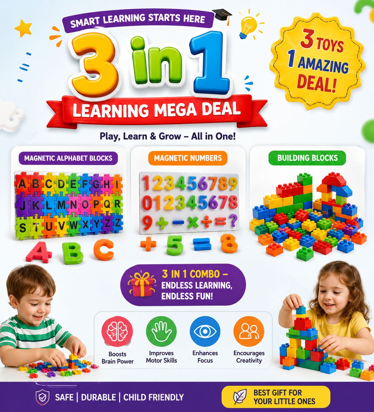 3 in 1 Kids Learning Combo – Learn, Build & Play!